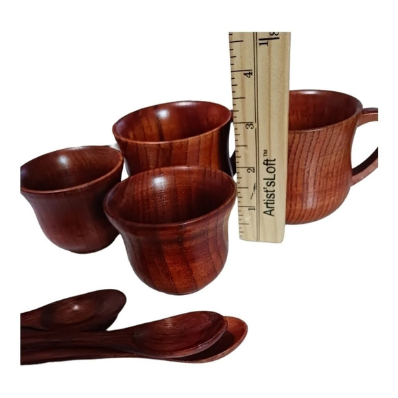 Set of 8 pcs wooden pattern mug coffee,cup,and spoon - Picture 3 of 13